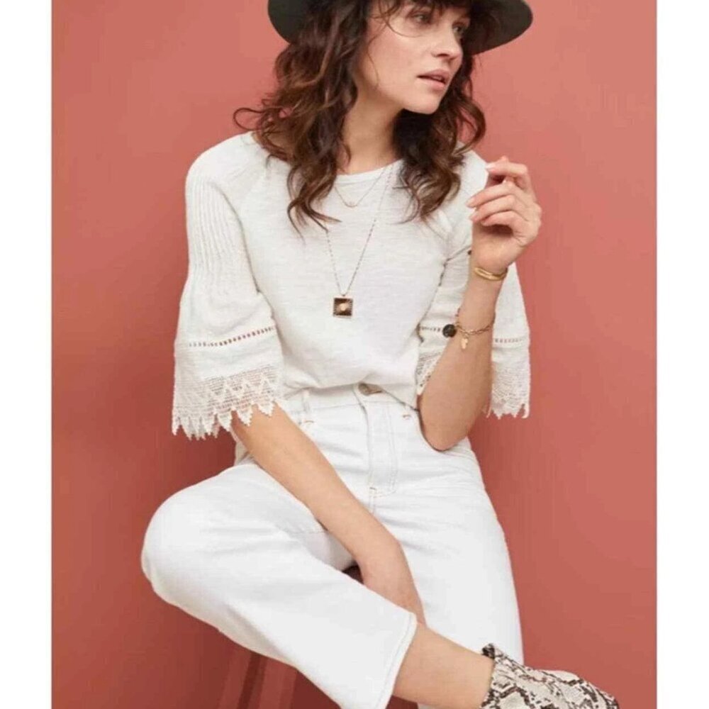 Eri & Ali Anthropologie Pennbrooke Cream Lace Trim Bell Sleeve Top 35632